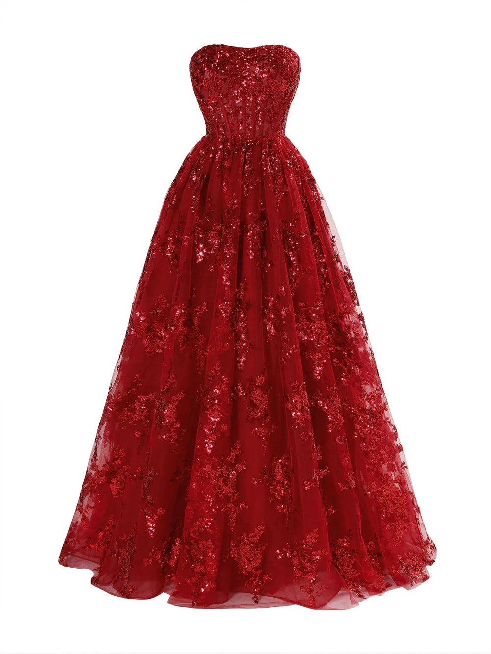 Vestido de fiesta largo sin tirantes, plisado, con corte en A y apliques